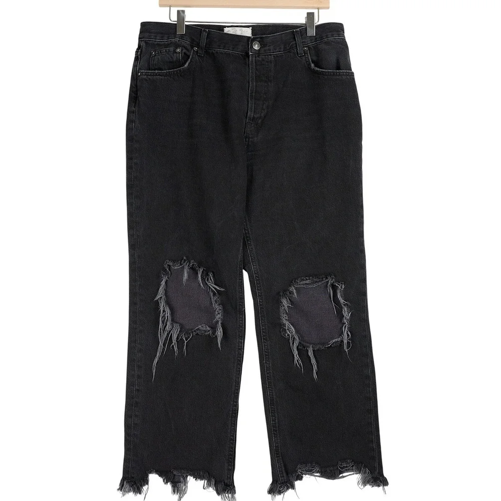 We The Free Free People Black Distressed Straight Leg Jeans Button Fly Size 31